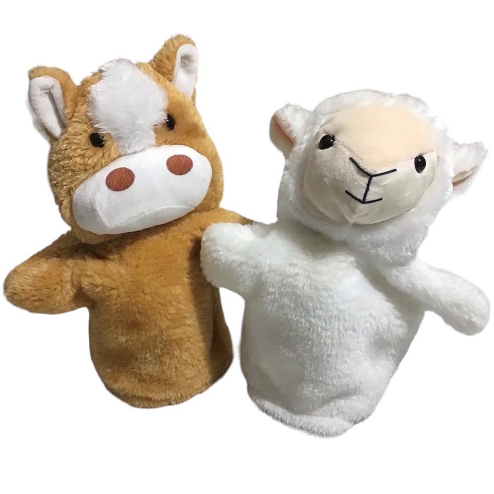 Lamb Cow Hand Puppets WalGreen 2 Puppet Stuffed Animal Plush Sheep Barnyard Farm